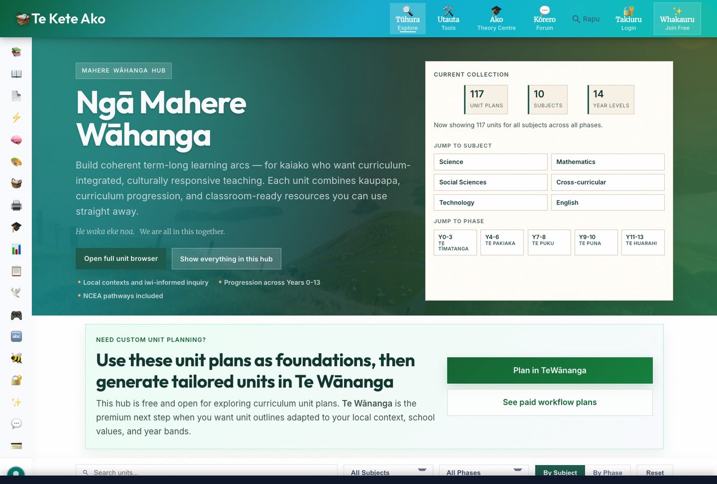 The Te Kete Ako unit browser, showing 117 unit plans across 10 subjects and 14 year levels.