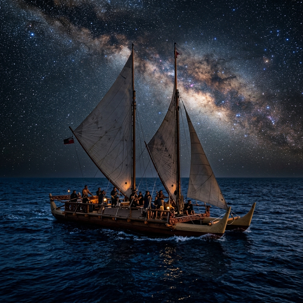 A traditional double-hulled Māori voyaging waka sailing under a starry night sky